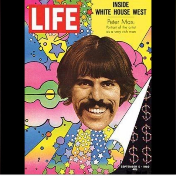 Peter Max Silk Tie Signed Pop Art Vintage Retro Blue w Orange Pink Floral Print - Picture 8 of 9